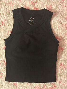 Black Ribbed Activewear Tank Top with Built in Sports Bra - XS